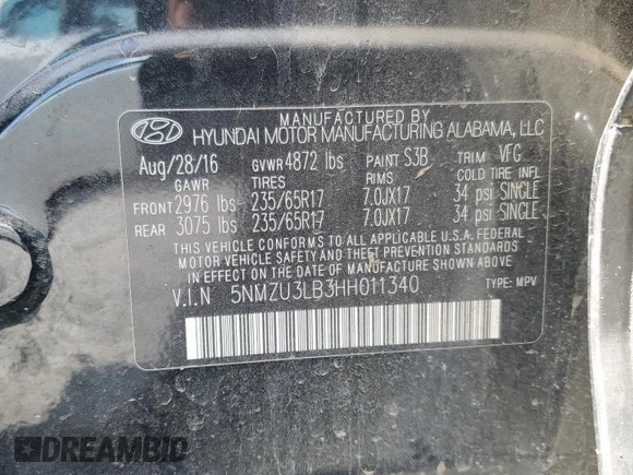 2017 Hyundai Santa Fe 2.4L with VIN 5NMZU3LB3HH011340, listed as a Copart auction lot 59177895 with 162,679 mi miles and Salvage title. Bid and sale history available at DreamBid. Image 13.