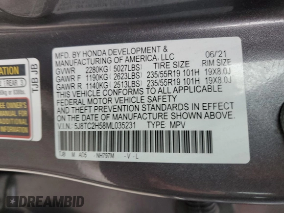 2021 Acura RDX w/Technology Package with VIN 5J8TC2H58ML035231, listed as a Copart auction lot 46176055 with 70,161 mi miles and Salvage Title. Bid and sale history available at carsss.com. Image 13.