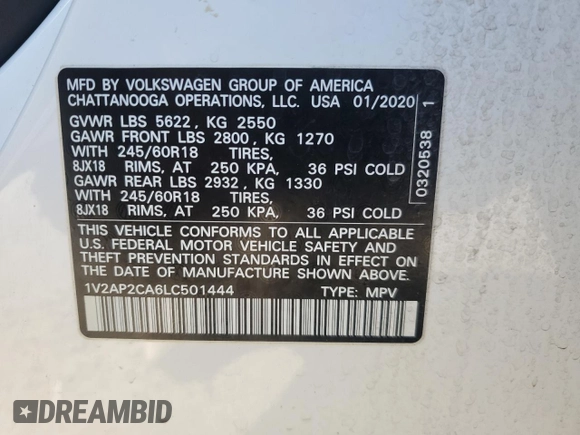 2020 Volkswagen Atlas S with VIN 1V2AP2CA6LC501444, listed as a Copart auction lot 86025704 with 80,795 mi miles and Salvage title. Bid and sale history available at DreamBid. Image 14.