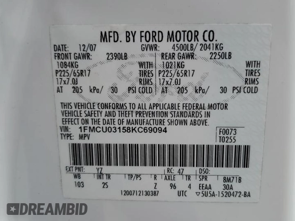 2008 Ford Escape XLT с VIN 1FMCU03158KC69094, выставлен на аукционе Copart как лот 56018345 с пробегом 218 497 миль миль и Списание • Salvage title. История ставок и продаж доступна на DreamBid. Изображение 14.