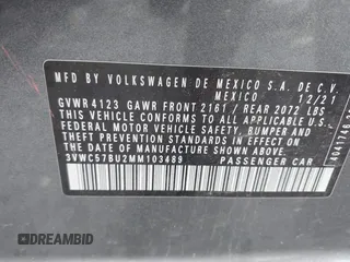 2021 Volkswagen Jetta S with VIN 3VWC57BU2MM103489, listed as a IAAI auction lot 42264290 with 72,078 mi miles and . Bid and sale history available at DreamBid. Image 9.