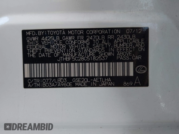2012 Lexus IS 250 with VIN JTHBF5C28C5182537, listed as a IAAI auction lot 41723451 with 95,988 mi miles and . Bid and sale history available at DreamBid. Image 9.