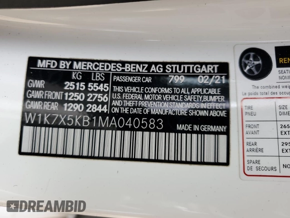 2021 Mercedes-Benz AMG GT 43 with VIN W1K7X5KB1MA040583, listed as a Copart auction lot 60470195 with 48,853 mi miles and Salvage title. Bid and sale history available at DreamBid. Image 12.