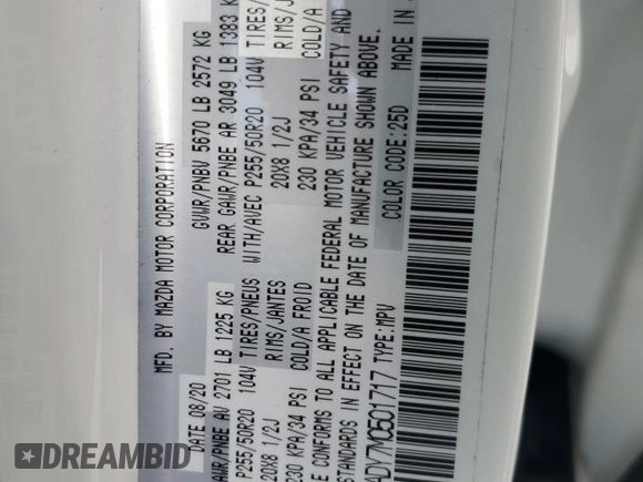 2021 Mazda CX-9 Grand Touring with VIN JM3TCADY7M0501717, listed as a Copart auction lot 59402875 with 53,218 mi miles and Salvage title. Bid and sale history available at DreamBid. Image 13.