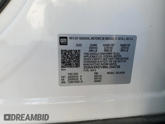 2022 Chevrolet Equinox LT with VIN 3GNAXKEV8NL154716, listed as a Copart auction lot 49237025 with 47,058 mi miles and Salvage Title. Bid and sale history available at DreamBid. Image 15.