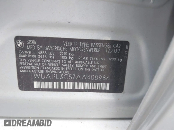 2010 BMW 3 Series 335i xDrive with VIN WBAPL3C57AA408986, listed as a IAAI auction lot 42064873 with 111,699 mi miles and . Bid and sale history available at DreamBid. Image 9.