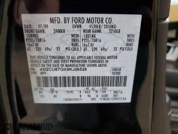 2009 Mercury Mariner Premier с VIN 4M2CU87GX9KJ26526, выставлен на аукционе Copart как лот 60806815 с пробегом 134 974 миль миль и Чистый • Clean title. История ставок и продаж доступна на DreamBid. Изображение 13.