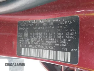 2006 Hyundai Tucson GLS with VIN KM8JN72D16U377349, listed as a IAAI auction lot 42210073 with Not Provided miles and . Bid and sale history available at DreamBid. Image 9.