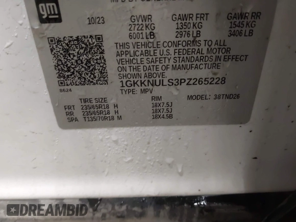 2023 GMC Acadia SLT with VIN 1GKKNULS3PZ265228, listed as a IAAI auction lot 41596328 with 37,366 mi miles and . Bid and sale history available at DreamBid. Image 9.