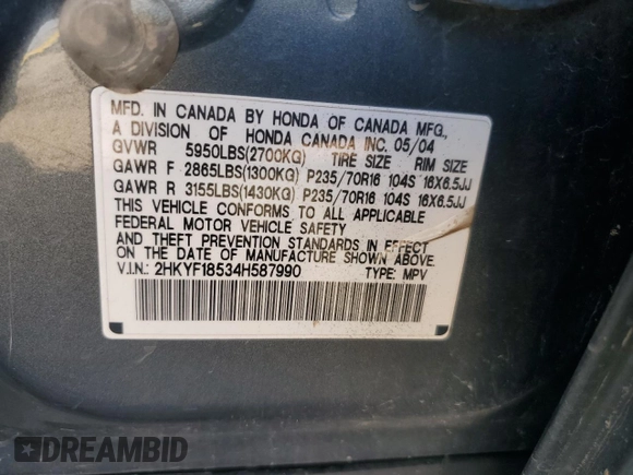 2004 Honda Pilot EX with VIN 2HKYF18534H587990, listed as a Copart auction lot 43003585 with 283,562 mi miles and Salvage Title. Bid and sale history available at DreamBid. Image 13.
