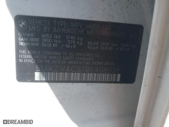 2011 BMW X5 35i with VIN 5UXZV4C57BL406526, listed as a IAAI auction lot 41580453 with 0 mi miles. Bid and sale history available at carsss.com. Image 9.