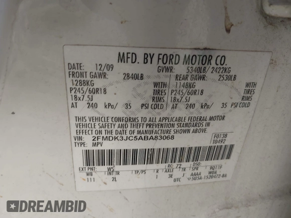 2010 Ford Edge SEL with VIN 2FMDK3JC5ABA83068, listed as a IAAI auction lot 41899136 with 226,473 mi miles. Bid and sale history available at carsss.com. Image 9.