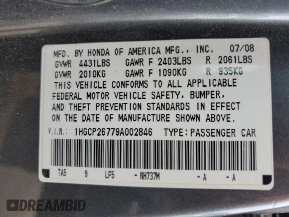 2009 Honda Accord EX z VIN 1HGCP26779A002846, wystawiony jako Copart lot #58467825 z przebiegiem 270 606 mil mil oraz Szkoda całkowita • Salvage title. Historia ofert i sprzedaży dostępna na DreamBid. Obrazek 13.