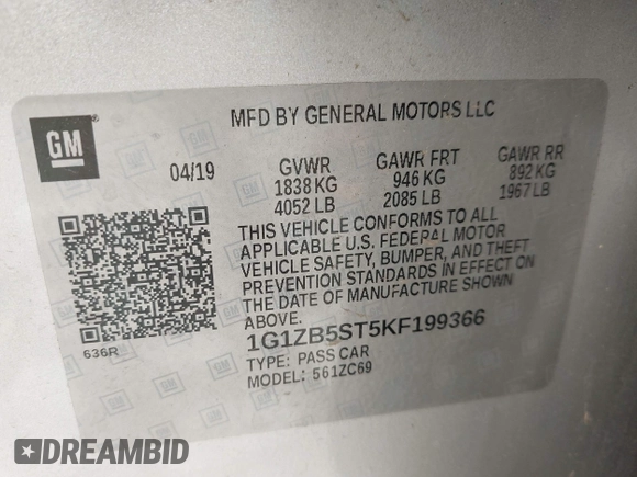 2019 Chevrolet Malibu LS z VIN 1G1ZB5ST5KF199366, wystawiony jako IAAI lot #42255652 z przebiegiem 83 151 mil mil oraz . Historia ofert i sprzedaży dostępna na DreamBid. Obrazek 9.