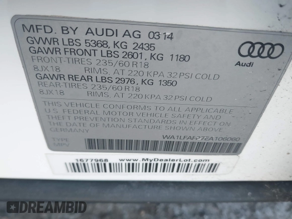 2014 Audi Q5 Premium Plus with VIN WA1LFAFP7EA106060, listed as a IAAI auction lot 41444016 with 106,183 mi miles. Bid and sale history available at carsss.com. Image 9.