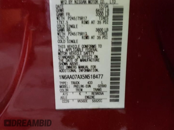 2005 Nissan Titan SE with VIN 1N6AA07AX5N518477, listed as a Copart auction lot 42885614 with 266,662 mi miles and Non Repairable. Bid and sale history available at DreamBid. Image 12.