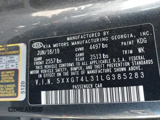 2020 Kia Optima LX with VIN 5XXGT4L31LG385283, listed as a IAAI auction lot 41803347 with 129,302 mi miles. Bid and sale history available at carsss.com. Image 9.