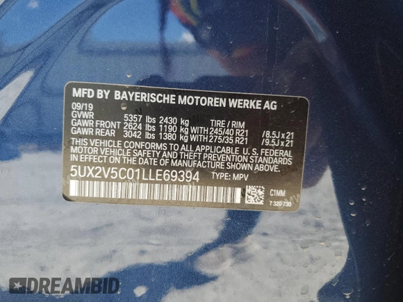 2020 BMW X4 M40i with VIN 5UX2V5C01LLE69394, listed as a Copart auction lot 44036774 with 22,582 mi miles and Clean title. Bid and sale history available at DreamBid. Image 13.