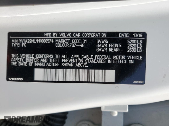 2017 Volvo S90 Inscription с VIN YV1A22ML1H1008574, выставлен на аукционе Copart как лот 57161975 с пробегом 65 414 миль миль и Списание • Salvage title. История ставок и продаж доступна на DreamBid. Изображение 13.
