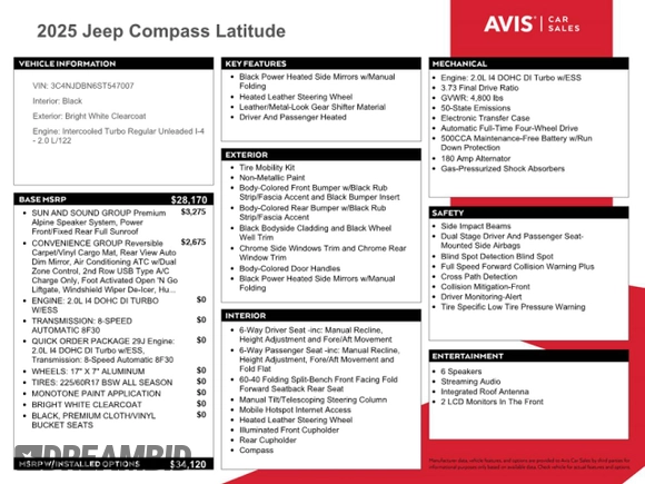 2025 Jeep Compass Latitude с VIN 3C4NJDBN6ST547007, выставлен на аукционе Copart как лот 59798085 с пробегом 6 475 миль миль и На запчасти • Non repairable. История ставок и продаж доступна на DreamBid. Изображение 13.