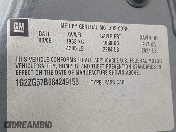 2008 Pontiac G6 with VIN 1G2ZG57B084249155, listed as a IAAI auction lot 42509962 with 203,756 mi miles and . Bid and sale history available at DreamBid. Image 9.