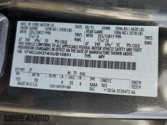 2016 Ford Escape SE with VIN 1FMCU0G74GUB15851, listed as a Copart auction lot 45950955 with 106,635 mi miles and Salvage Title. Bid and sale history available at carsss.com. Image 13.