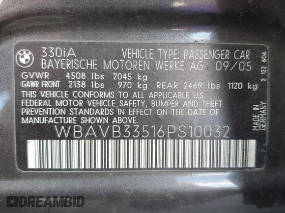 2006 BMW 3 Series 330i with VIN WBAVB33516PS10032, listed as a Copart auction lot 61650944 with 106,804 mi miles and Salvage Title. Bid and sale history available at carsss.com. Image 13.