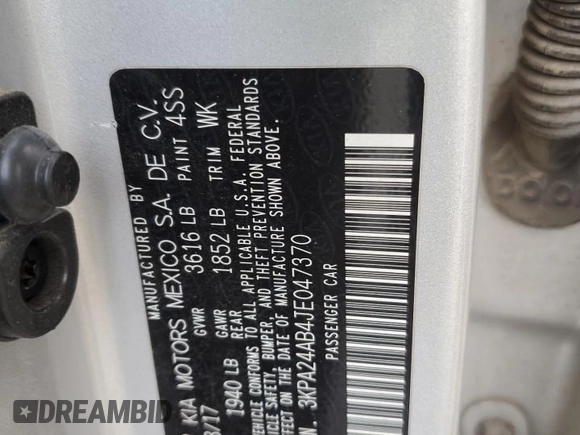 2018 Kia Rio LX with VIN 3KPA24AB4JE047370, listed as a Copart auction lot 42998865 with 0 mi miles and Salvage Title. Bid and sale history available at carsss.com. Image 12.