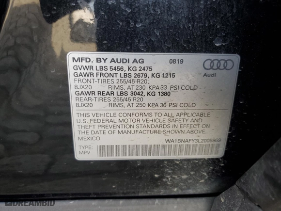 2020 Audi Q5 Premium Plus with VIN WA1BNAFY3L2005869, listed as a Copart auction lot 47429105 with 121,605 mi miles and Salvage Title. Bid and sale history available at carsss.com. Image 14.