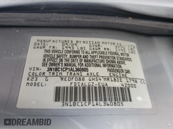2010 Nissan Versa S with VIN 3N1BC1CP1AL360805, listed as a Copart auction lot 63567945 with 73,731 mi miles and Clean title. Bid and sale history available at DreamBid. Image 12.