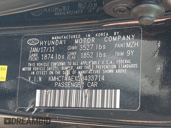 2013 Hyundai Accent GLS with VIN KMHCT4AEXDU433714, listed as a IAAI auction lot 41969028 with 141,170 mi miles and . Bid and sale history available at DreamBid. Image 9.
