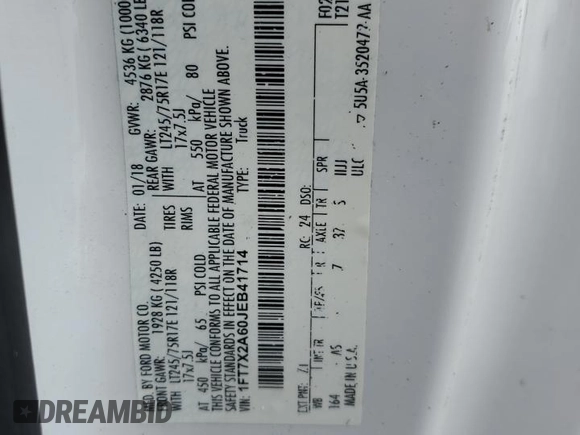 2018 Ford F-250 XL with VIN 1FT7X2A60JEB41714, listed as a Copart auction lot 87641955 with Not provided miles and Salvage title. Bid and sale history available at DreamBid. Image 12.