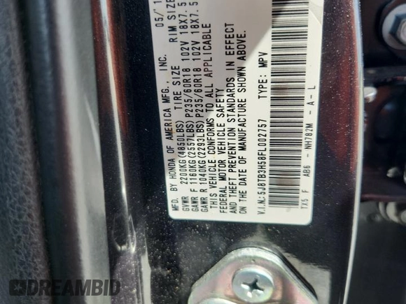 2015 Acura RDX Technology with VIN 5J8TB3H58FL002757, listed as a Copart auction lot 59562495 with Not provided miles and Salvage title. Bid and sale history available at DreamBid. Image 14.