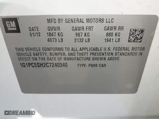 2012 Chevrolet Cruze LS with VIN 1G1PC5SH2C7240340, listed as a IAAI auction lot 42069654 with 122,410 mi miles. Bid and sale history available at carsss.com. Image 9.