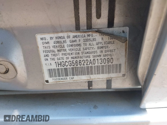 2002 Honda Accord EX z VIN 1HGCG56622A013090, wystawiony jako IAAI lot #42132291 z przebiegiem 152 567 mil mil oraz . Historia ofert i sprzedaży dostępna na DreamBid. Obrazek 9.