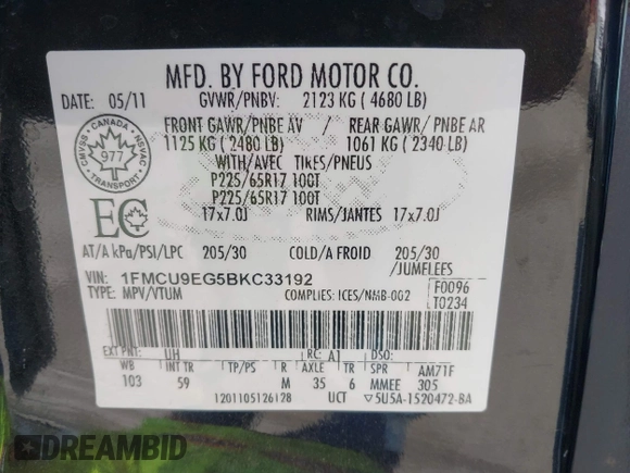 2011 Ford Escape Limited with VIN 1FMCU9EG5BKC33192, listed as a IAAI auction lot 42032152 with 160,745 mi miles. Bid and sale history available at carsss.com. Image 9.