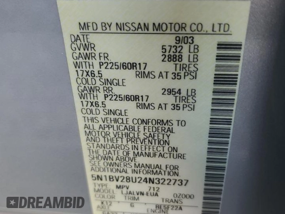 2004 Nissan Quest SE with VIN 5N1BV28U24N322737, listed as a Copart auction lot 78308304 with 137,991 mi miles and Salvage Title. Bid and sale history available at carsss.com. Image 13.