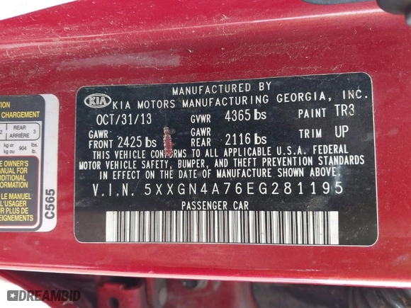 2014 Kia Optima EX with VIN 5XXGN4A76EG281195, listed as a IAAI auction lot 41875540 with 131,751 mi miles. Bid and sale history available at carsss.com. Image 9.