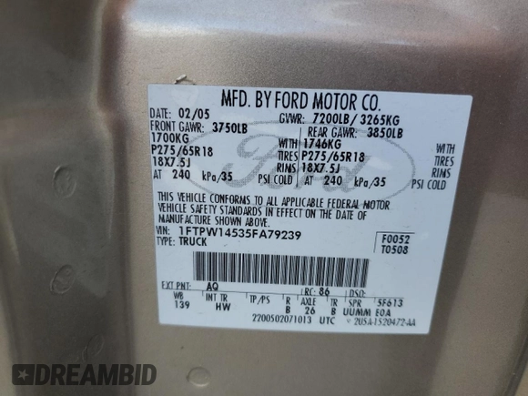 2005 Ford F-150 XLT with VIN 1FTPW14535FA79239, listed as a Copart auction lot 64672615 with 230,010 mi miles and Clean title. Bid and sale history available at DreamBid. Image 12.