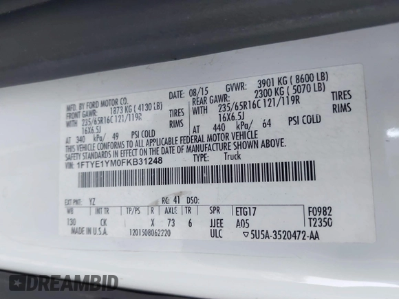 2015 Ford Transit Cargo with VIN 1FTYE1YM0FKB31248, listed as a IAAI auction lot 41703474 with 238,925 mi miles and . Bid and sale history available at DreamBid. Image 8.