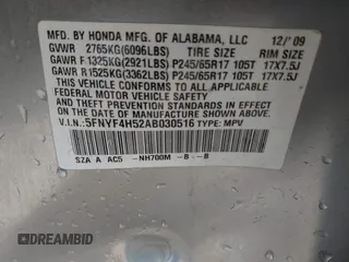 2010 Honda Pilot EX-L z VIN 5FNYF4H52AB030516, wystawiony jako IAAI lot #42196317 z przebiegiem 168 861 mil mil oraz . Historia ofert i sprzedaży dostępna na DreamBid. Obrazek 9.