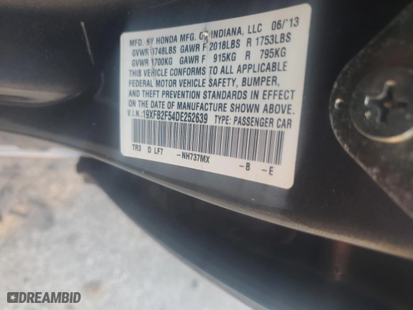 2013 Honda Civic Sdn LX with VIN 19XFB2F54DE252639, listed as a Copart auction lot 48790465 with 157,602 mi miles and Salvage Title. Bid and sale history available at carsss.com. Image 13.