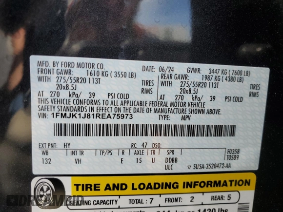 2024 Ford Expedition Max XLT with VIN 1FMJK1J81REA75973, listed as a Copart auction lot 47080095 with 6,711 mi miles and Salvage Title. Bid and sale history available at DreamBid. Image 14.