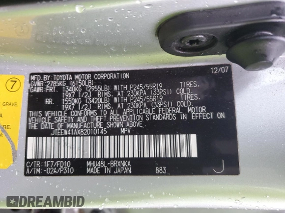 2008 Toyota Highlander Hybrid with VIN JTEEW41AX82010145, listed as a Copart auction lot 50138705 with 238,226 mi miles and Clean Title. Bid and sale history available at carsss.com. Image 13.