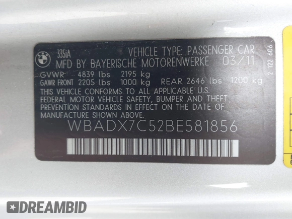 2011 BMW 3 Series 335i with VIN WBADX7C52BE581856, listed as a IAAI auction lot 41911781 with 130,606 mi miles and . Bid and sale history available at DreamBid. Image 9.