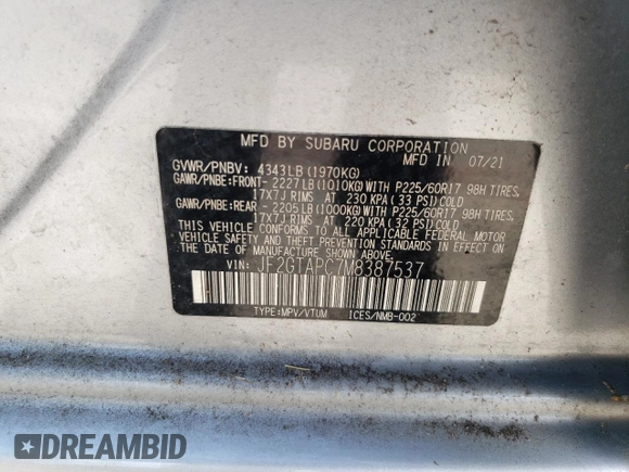 2021 Subaru Crosstrek Premium with VIN JF2GTAPC7M8387537, listed as a Copart auction lot 61414085 with 20,593 mi miles and Clean title. Bid and sale history available at DreamBid. Image 13.