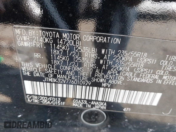 2007 Toyota RAV4 Sport with VIN JTMBK32V776010979, listed as a IAAI auction lot 41393774 with 162,754 mi miles. Bid and sale history available at carsss.com. Image 9.