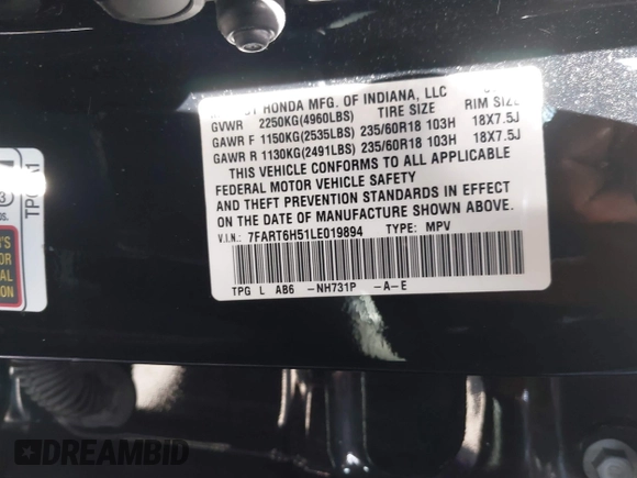 2020 Honda CR-V EX with VIN 7FART6H51LE019894, listed as a IAAI auction lot 41741587 with Not Provided miles and . Bid and sale history available at DreamBid. Image 9.