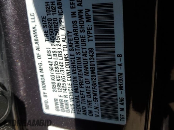 2021 Honda Pilot Special Edition with VIN 5FNYF6H25MB013439, listed as a Copart auction lot 52089895 with 35,582 mi miles and Salvage Title. Bid and sale history available at carsss.com. Image 13.