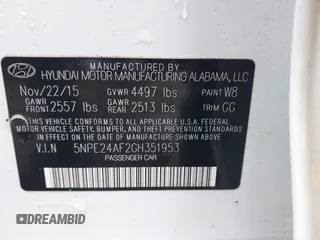 2016 Hyundai Sonata SE with VIN 5NPE24AF2GH351953, listed as a IAAI auction lot 41658674 with 126,126 mi miles and . Bid and sale history available at carsss.com. Image 9.